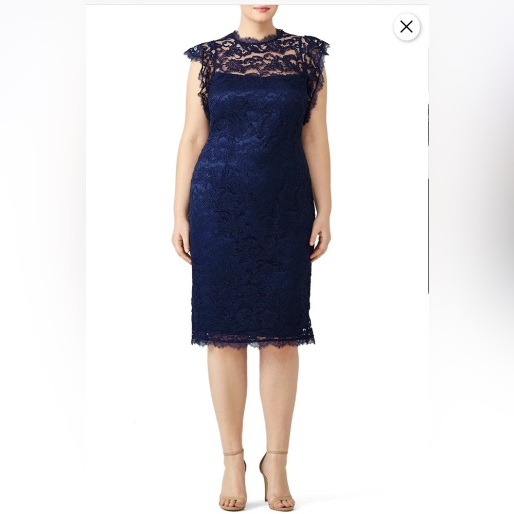 Adrianna Papell Navy Lace Midi Sheath Dress Excellent Condition